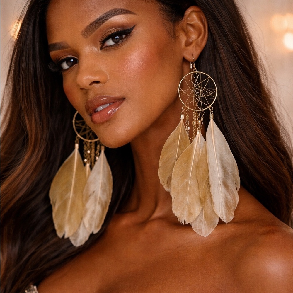 โจ Boho Dreamcatcher Feather Statement Earrings โ Gold Tone โจ